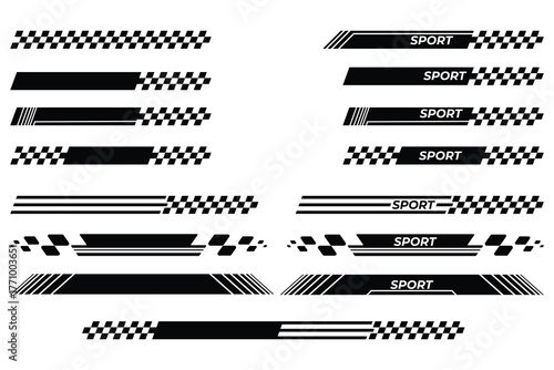 Car racing and racing stripes set, checkered pattern, checkered flag, finish line, motocross label, dynamic lines, motorsport, racing speed, sport decals, vehicle tuning stickers