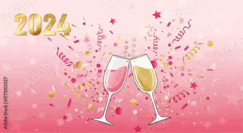 Two champagne glasses toasting with confetti and streamers celebrating the year of twenty twenty four