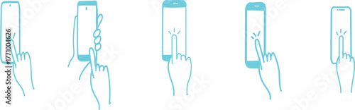 Set of five hand gestures drawn in a minimalist line art style with a light blue and pink color palette.