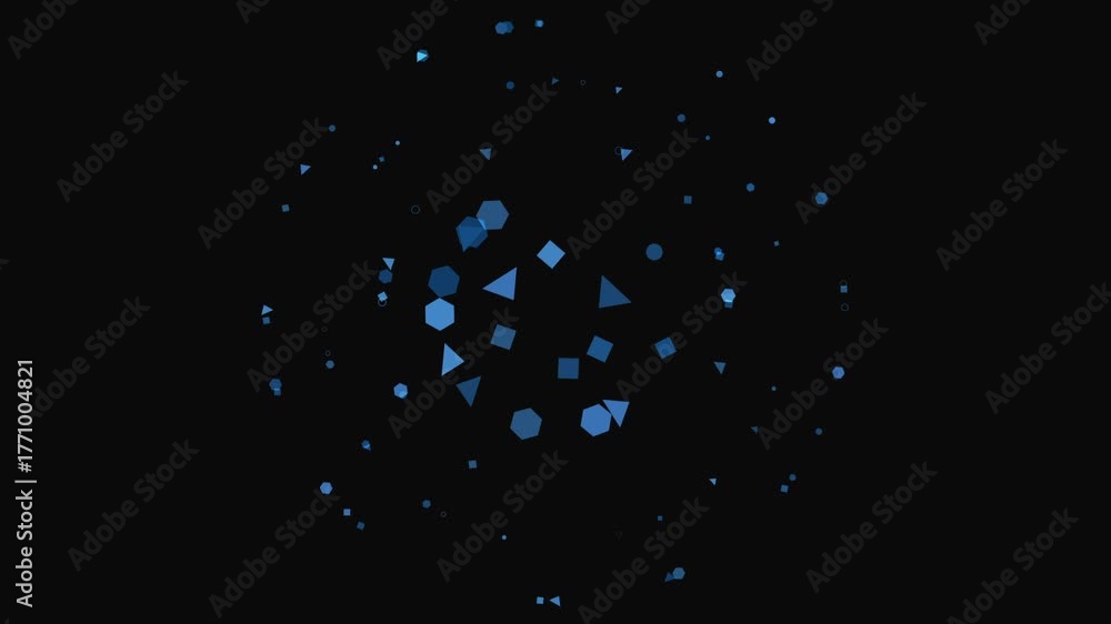 Abstract dark background with glowing blue geometric shapes and particles forming a circular pattern