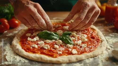 Artisan Pizza Preparation: A Chef's Hands Gently Dust Flour Over Fresh Mozzarella and Basil, Creating a Culinary Masterpiece