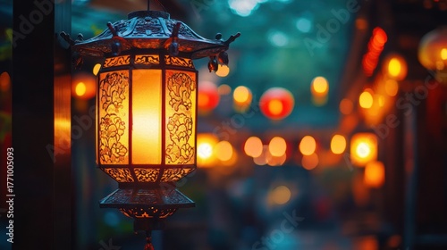 Illuminated Asian Lantern in a Festive Night