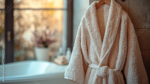 Luxurious Bathrobe Hanging in a Spa-like Bathroom