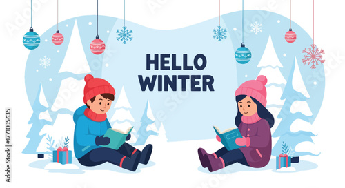 Adobe illustrator artwork vector illustration. Two happy kids reading books in winter, with "Hello Winter" text, snowman, gifts, and decorations