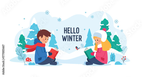 Adobe illustrator artwork vector illustration. Two happy kids reading books in winter, with "Hello Winter" text, snowman, gifts, and decorations