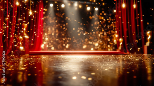 Golden confetti falling on luxury award stage with red curtains and warm spotlight bokeh for celebration ceremony background