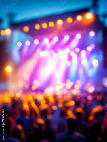 Wallpaper Mural Colorful blurred view of live music concert stage with bright spotlights and cheering crowd under evening sky, vibrant festival atmosphere and entertainment background Torontodigital.ca