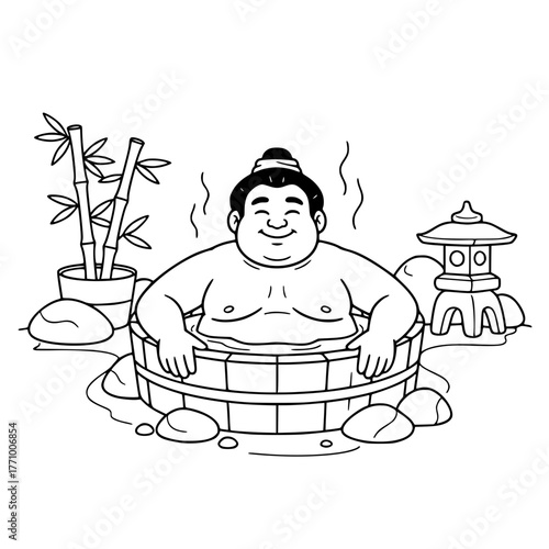 Relaxed sumo wrestler soaking in onsen, simple peaceful coloring page for toddlers Generative Ai
