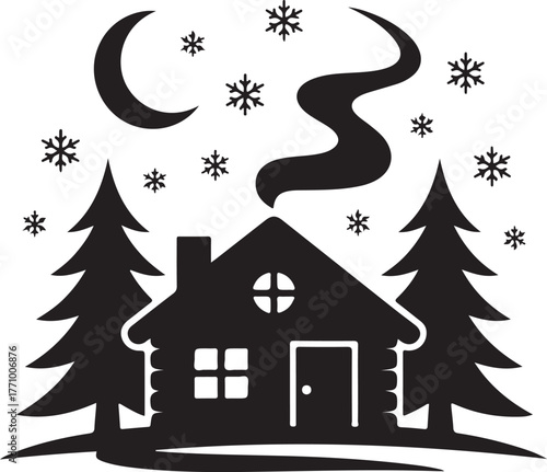 Black silhouette of a log cabin with a crescent moon and snowflakes winter house