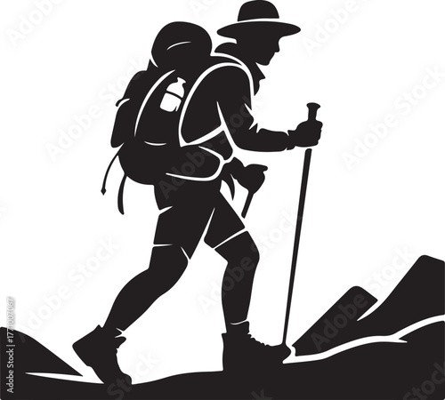 Silhouette of a hiker with a backpack and trekking poles on a white background hiking person