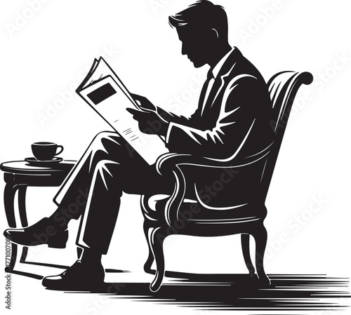 Silhouette of a man in a suit reading a newspaper while sitting in an armchair with a coffee cup on a side table