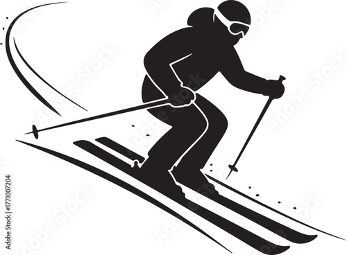 Silhouette of a skier descending a slope with snow spray skiing winter