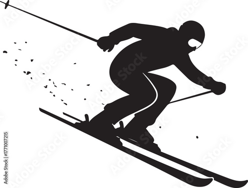 Silhouette of a Skier Descending a Snowy Slope with Snow Spray skiing mountain