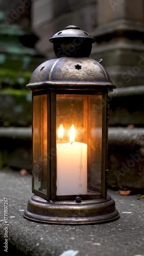Ornate Antique Lantern With Burning Candle On Stone Steps Outdoors With Soft Natural Light