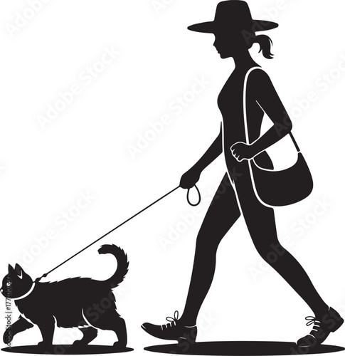 Silhouette of a Woman Walking a Cat on a Leash with a Handbag and Hat vector illustration