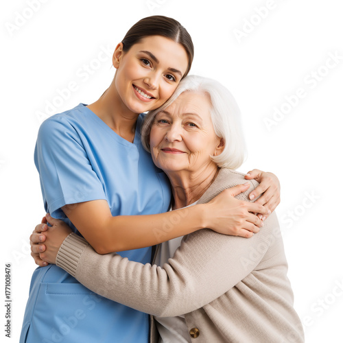 Caregiver Embracing Elderly Woman – Tender, Compassionate Moment of Care and Trust


