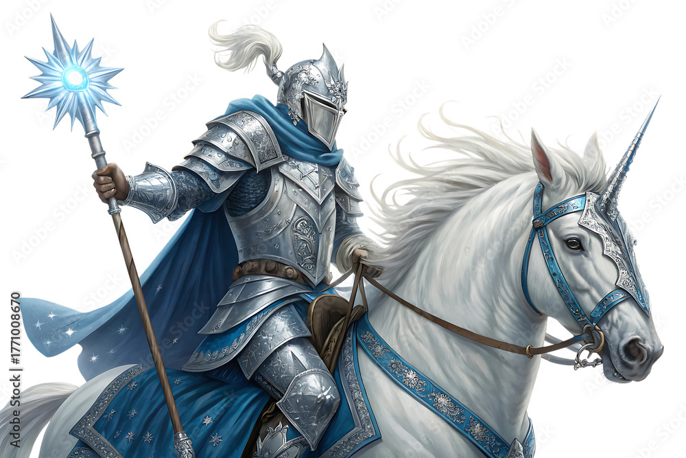 Obraz premium Silver Knight, on White Unicorn with Crystal Staff, cutout, PNG, isolated on transparent background, AI