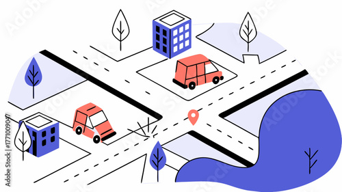 An aerial view of a city affected by a natural disaster showcasing emergency evacuation routes marked with bright indicators and the movement of rescue vehicles.