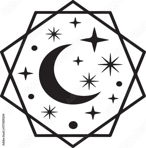 Geometric emblem with crescent moon and stars on white background Keywords: moon, crescent, stars