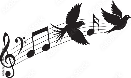 Silhouette of birds flying with musical notes and treble clef Keywords: music, birds, flying