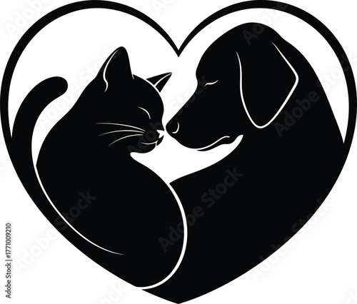 Silhouette of cat and dog embracing within a heart shape Keywords: cat, dog, pet, animal, love
