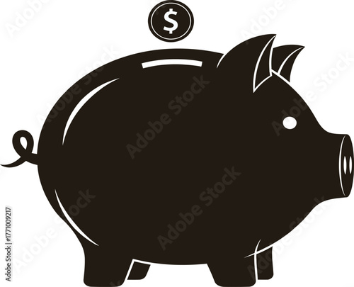 Black piggy bank with dollar coin on white background silhouette