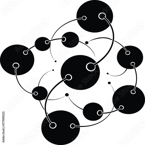 Abstract network of interconnected black circles and lines on white Keywords: abstract, network
