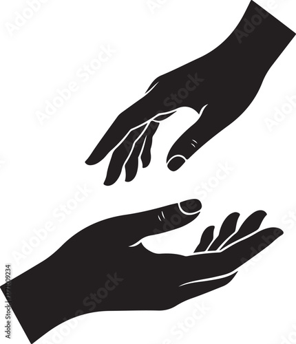 Silhouette of two hands reaching towards each other on white background helping support