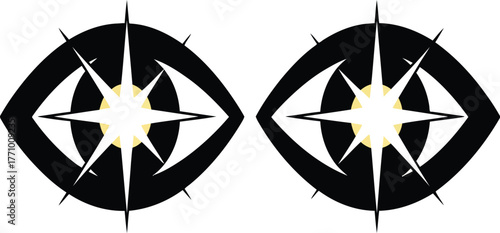 Two black stylized eyes with yellow starburst pupils on white background Keywords: eyes, stylized