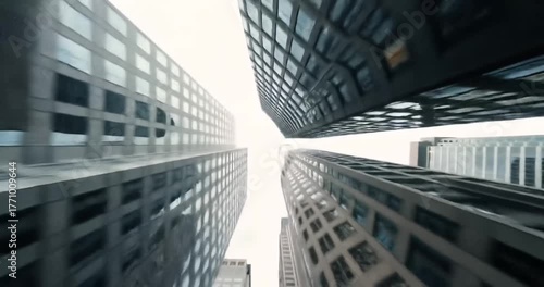 Low-angle shot of tall buildings with glass windows reaching towards the sky, creating a sense of urban density and architectural grandeur.