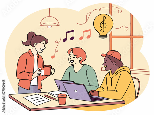 A creative brainstorming session happening in a café where individuals are seen collaborating with notebooks and coffee cups generating innovative fundraising ideas.