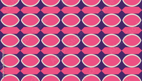 A seamless geometric pattern featuring pink oval shapes outlined in white on a deep purple background. The bold color contrast and repetitive symmetry evoke a vibrant retro style