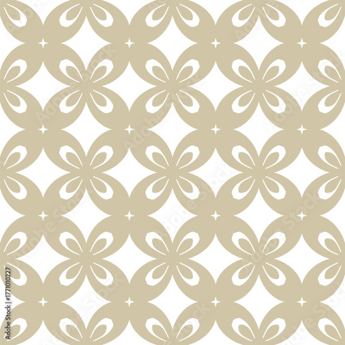 Abstract golden vector seamless pattern. Simple lattice ornament with flower silhouettes, diamond shapes, floral grid. Gold and white luxury background texture. All-over design for decor, wallpapers