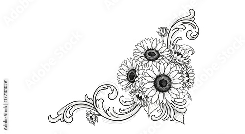 Elegant corner design featuring sunflowers and swirling decorative elements