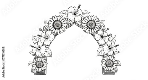 Elegant floral arch illustration with sunflowers and hibiscus flowers