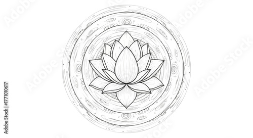 Elegant lotus flower illustration with artistic circular line patterns