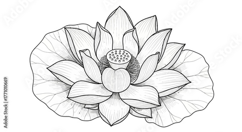Elegant Lotus Flower Ink Illustration on White Background, Detailed Line Art