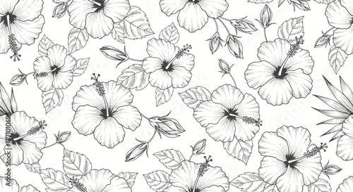 Elegant monochrome hibiscus floral pattern with tropical foliage design