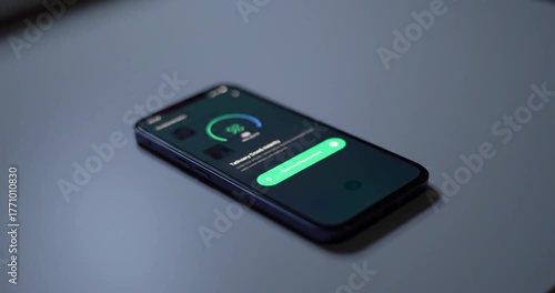 Smartphone displays a green screen with a circular gauge showing 98% battery life on a gray surface.