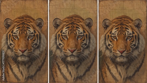 Old oil-painted tiger portraits across three panels with aged surface and cracked paint texture — muted orange and brown tones evoke regal wildlife grandeur and timeless naturalist beauty for walls.