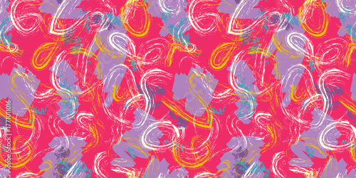 Vector abstract chaotic brush strokes seamless pattern. Paint splashes, graffiti, ink grunge texture. Trendy colorful background. Urban street style, pop art. Repeated design for kids, teens, girls