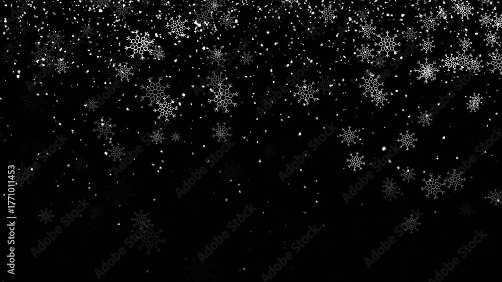 Beautiful realistic snow flakes falling animation on a black screen background, perfect for winter themes, Christmas videos, festive intros, overlays, and background effects. Winter Snowfall Overlay. 