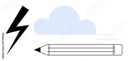 Lightning bolt, pencil, and cloud representing creativity, inspiration, innovation, brainstorming, productivity strategy and imagination. Ideal for ideas design planning or writing. Simple flat