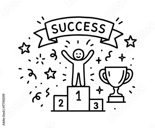 Celebration of achievement: winner on podium with trophy and success banner in doodle art