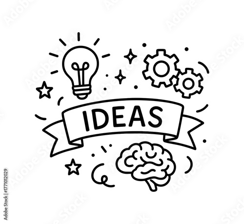 Inspirational doodle with lightbulb, brain, and gears symbolizing creativity