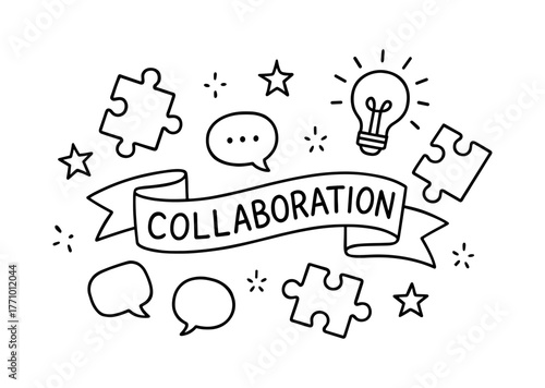 Creative collaboration concept with puzzle pieces and light bulb elements