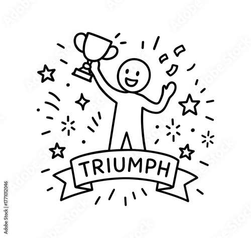 Celebratory stick figure holding trophy with triumph banner and fireworks