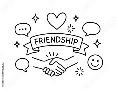 Friendship celebration with handshake and speech bubbles in minimalist style