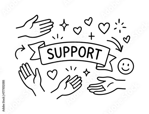 Linear hands and hearts surrounding support banner with smiley and stars