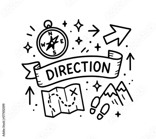 Hand drawn travel elements with compass, map, and direction theme